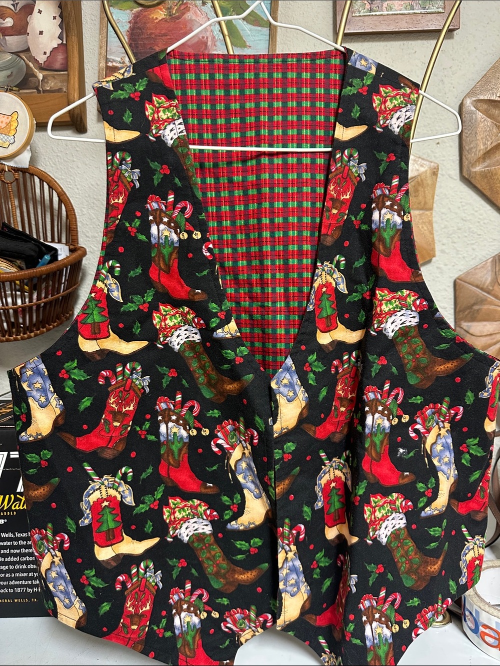 Festive Christmas Boot Print Vest in Black & Red